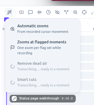 Auto-enhance menu with automatic zooms, zooms at flagged moments, and two entries waiting on a transcript