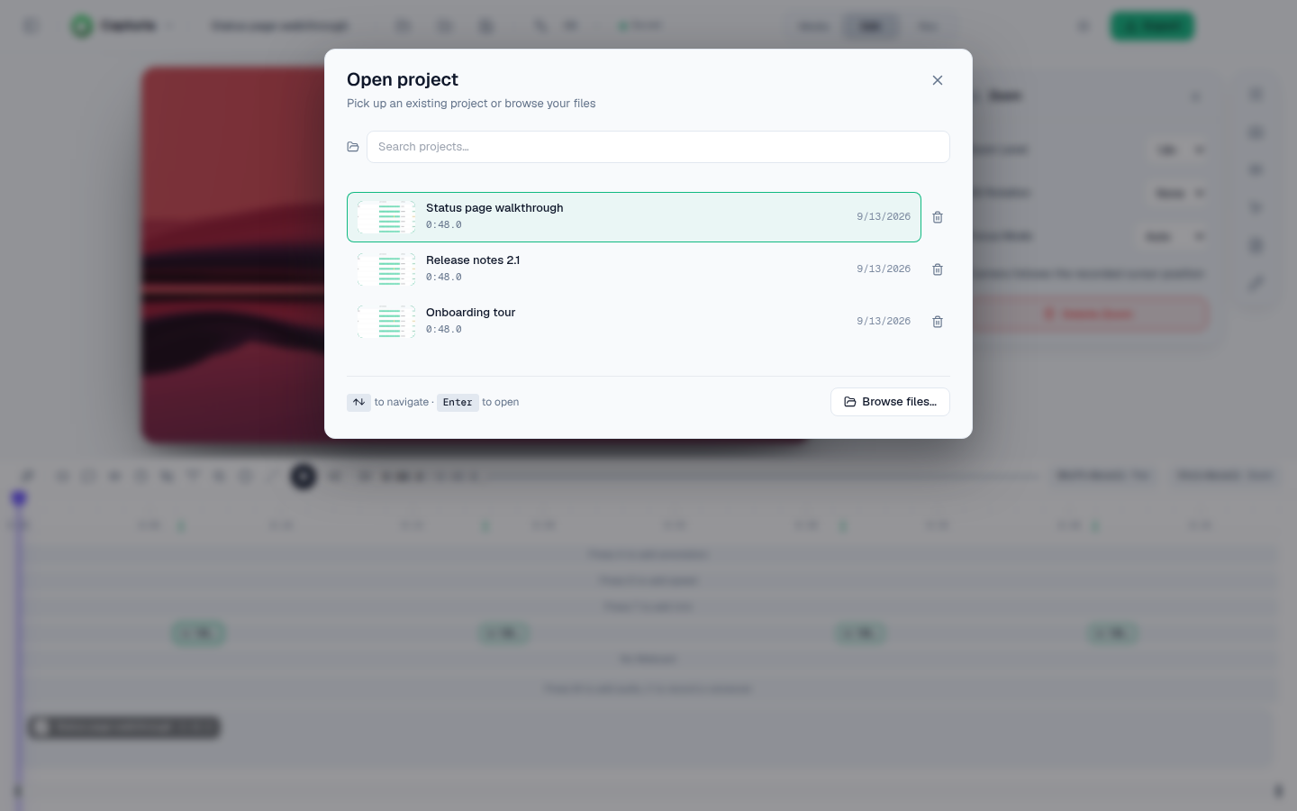 Open project dialog with poster frames