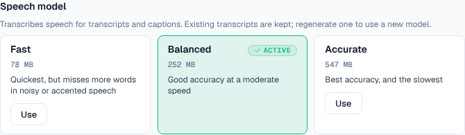 Speech model cards for Fast, Balanced, and Accurate, with Balanced active